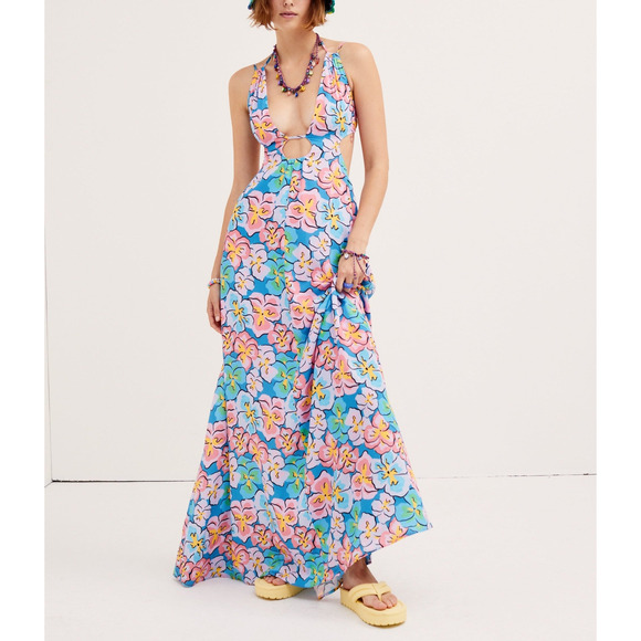 For Love & Lemons 'Yasmin' Blue Bamboo Maxi Dress Size M - NWT - Picture 1 of 5